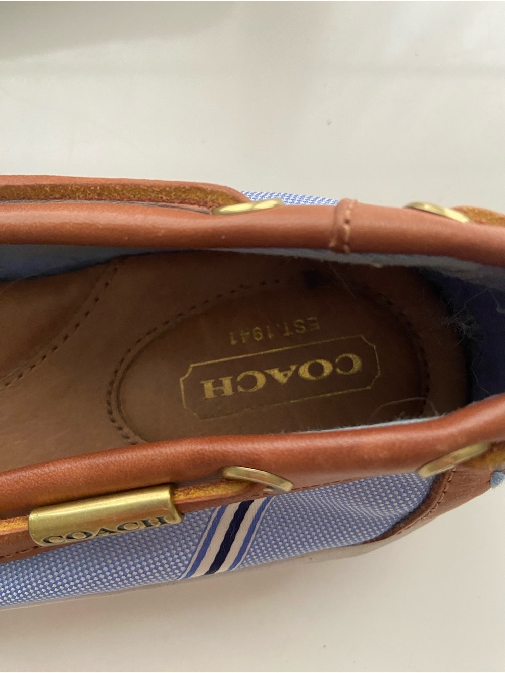 Coach Richelle Boat Shoes Canvas Nautical Blue Striped Tan Leather size 8.5 - Picture 4 of 9